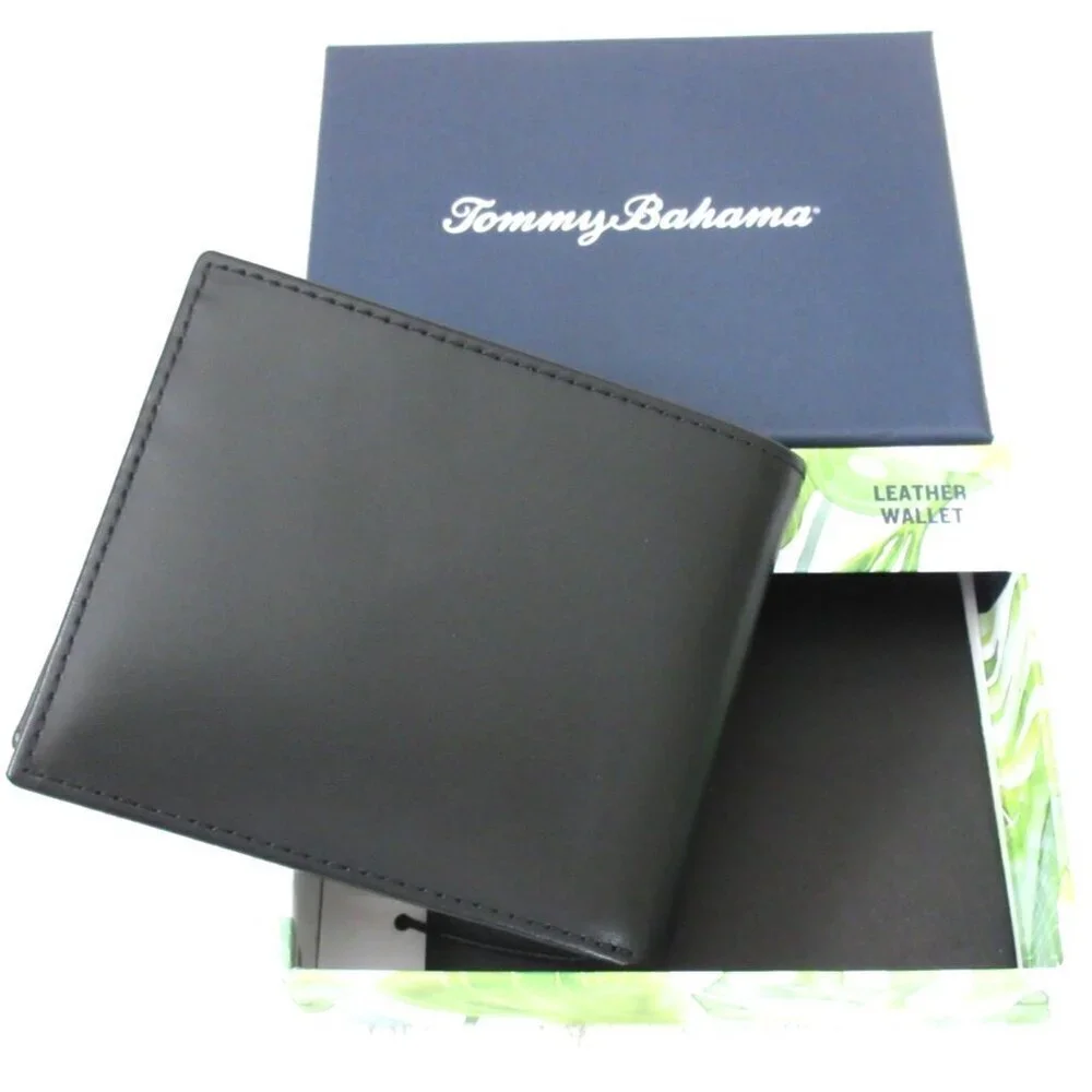 Tommy Bahama Men's Slim Bi Fold Black Genuine Leather Wallet Embossed Marlin NIB